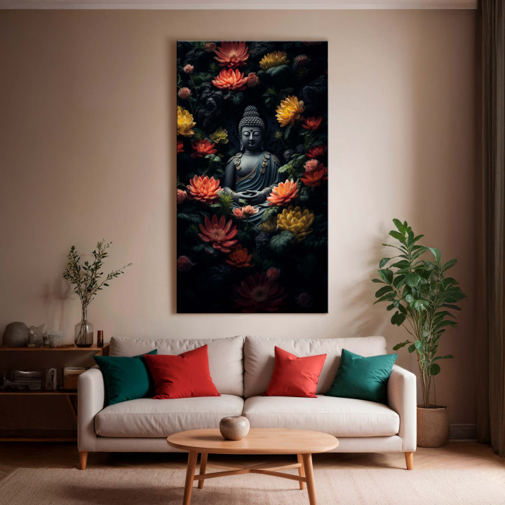 Buddha & Lotus Canvas Print | Spiritual Wall Art | Large Vertical Decor 24